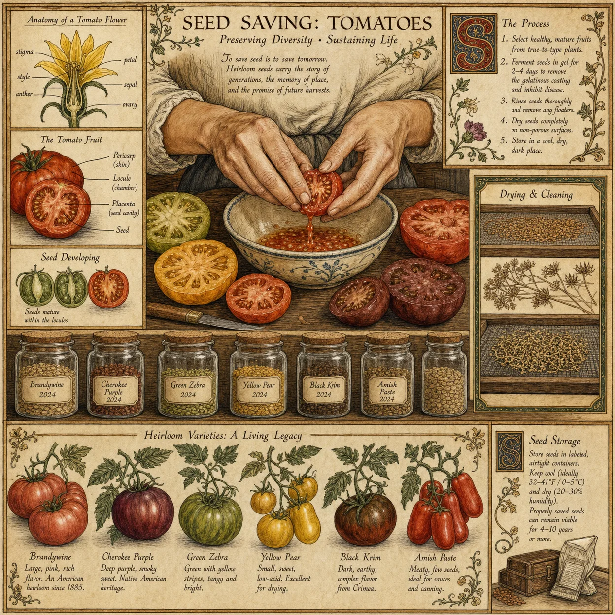 Seed saving workshop: hands extracting seeds from heirloom t