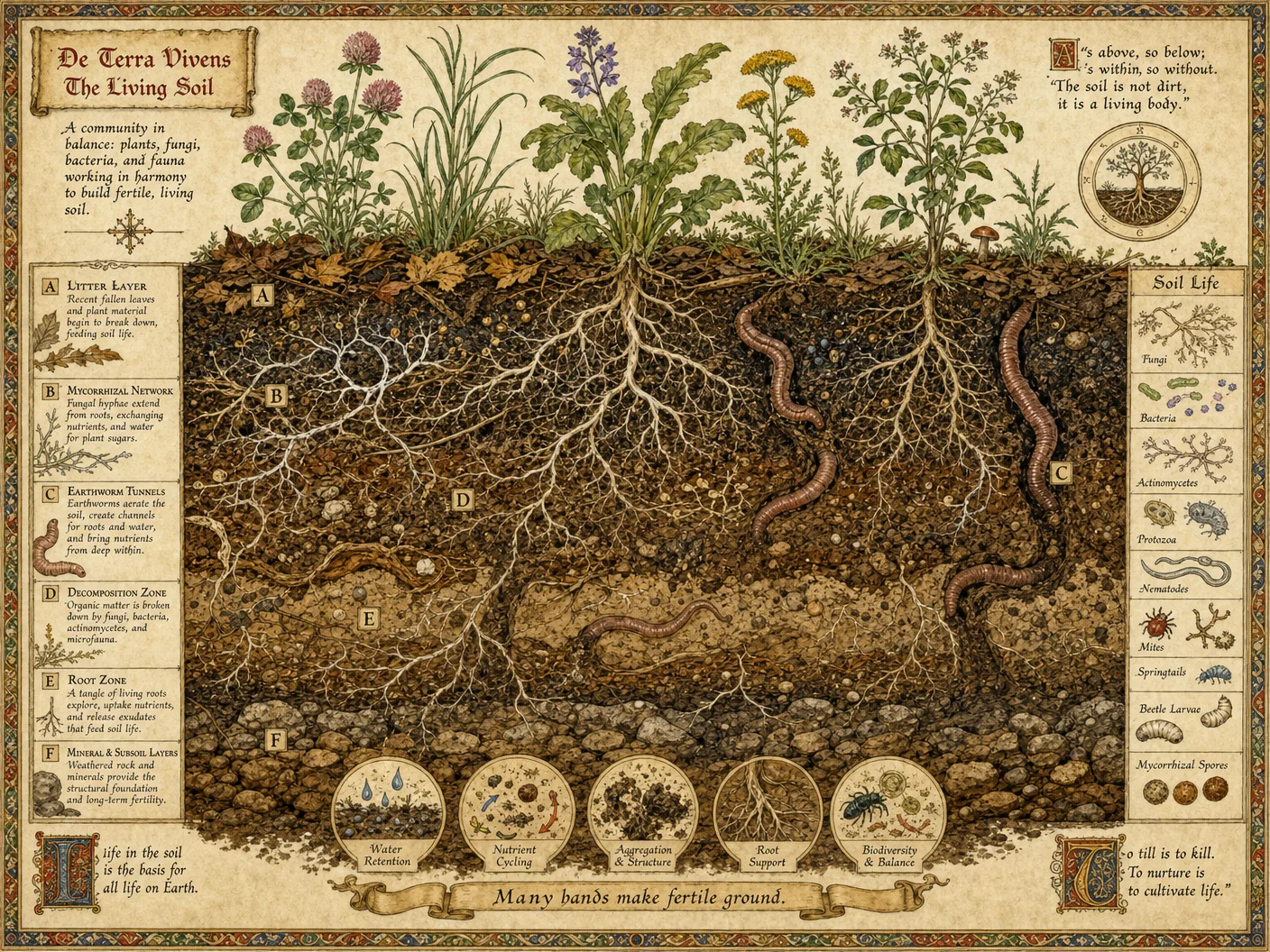 Soil cross-section showing healthy mycorrhizal networks, ear