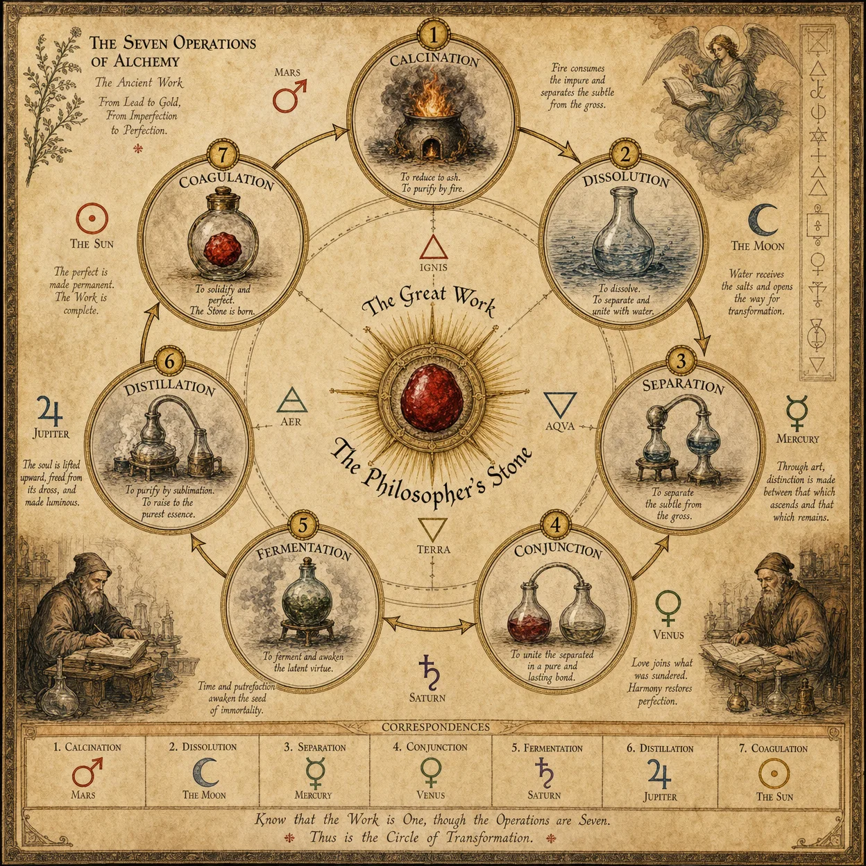 Philosopher's Stone creation: seven operations (calcination