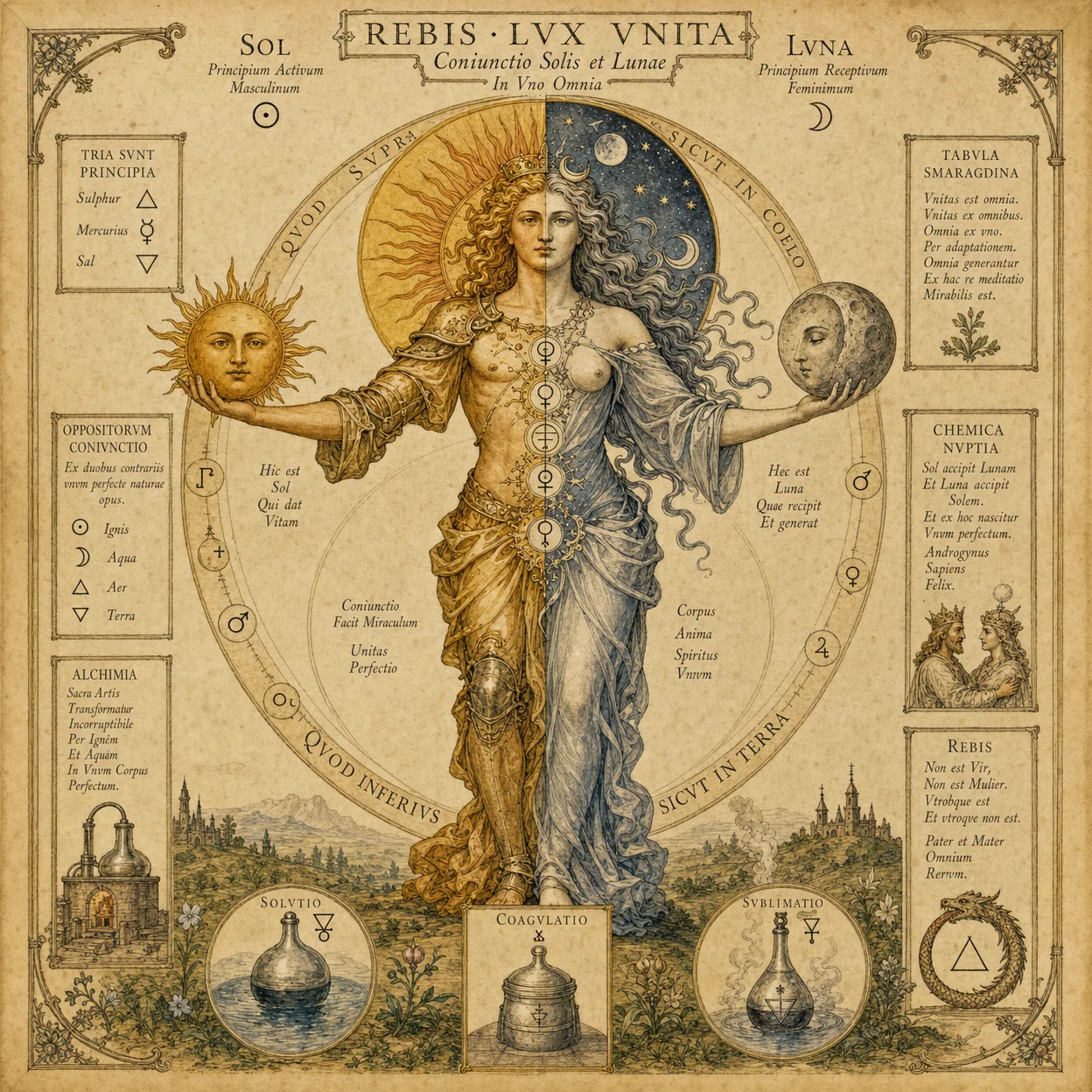 Union of opposites: Sol and Luna merging, masculine and femi