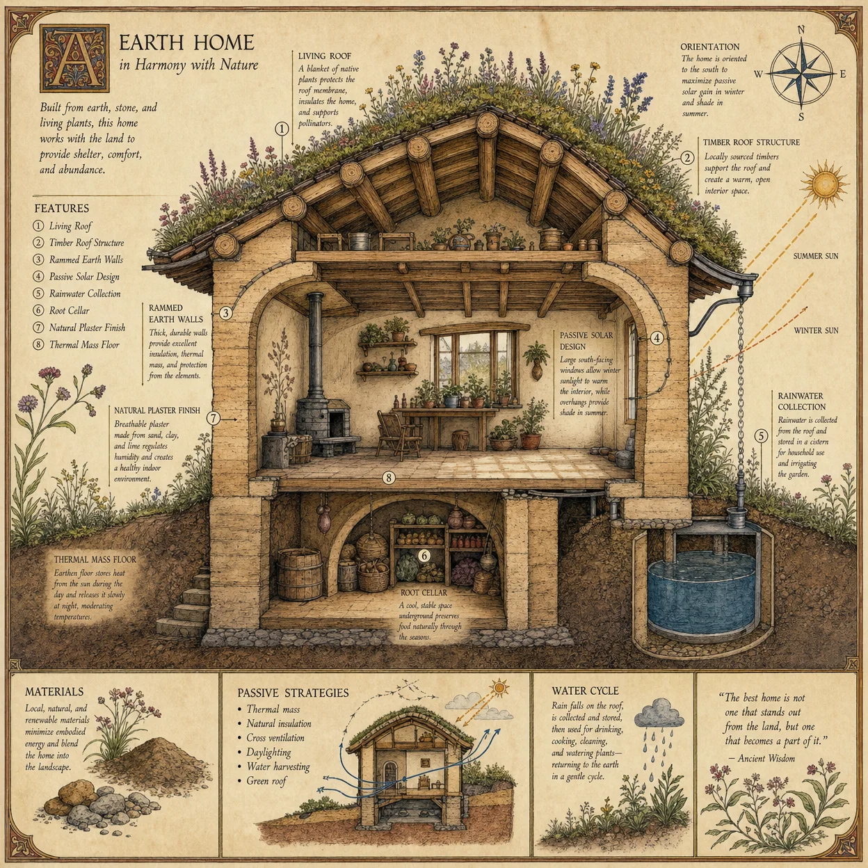 Cross-section diagram of a complete earthen home: rammed ear