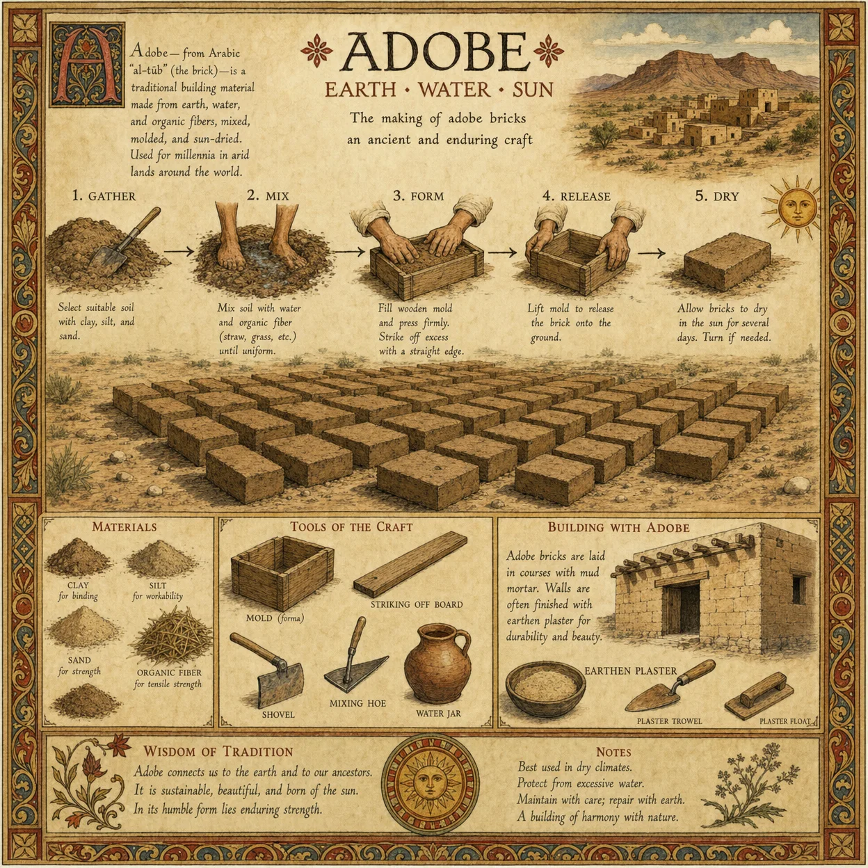 Hands shaping adobe bricks in wooden forms, desert landscape