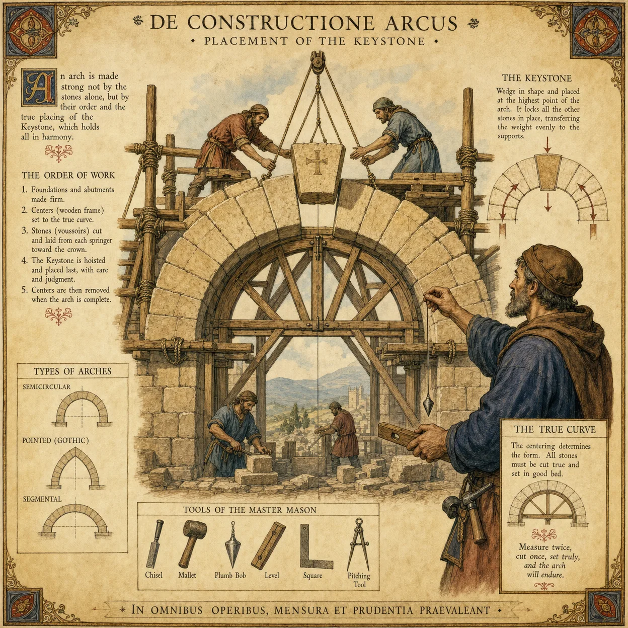 Stone arch construction in progress showing the keystone bei