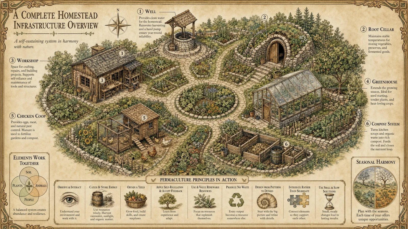 Complete homestead infrastructure overview: well, root cella