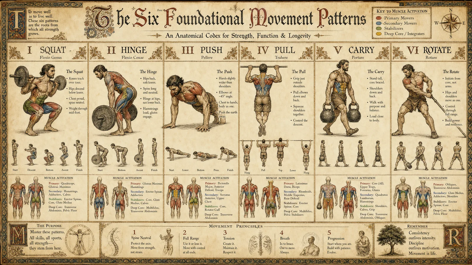 Functional movement patterns: squat, hinge, push, pull, carr