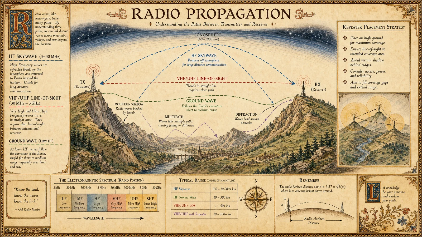 Radio propagation diagram: HF skywave bouncing off ionospher