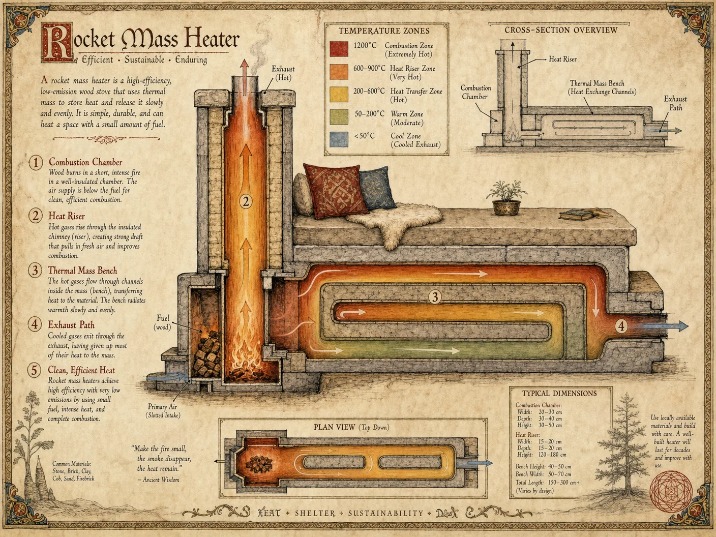 Rocket mass heater construction: combustion chamber, heat ri