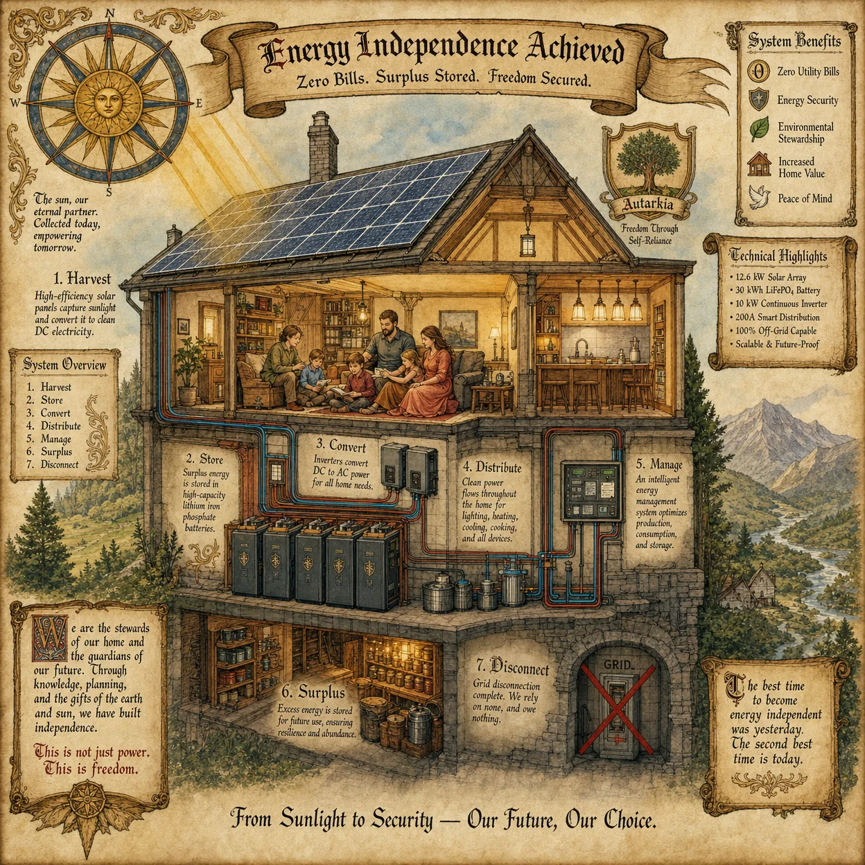Energy independence achieved: family in warm, well-lit home,