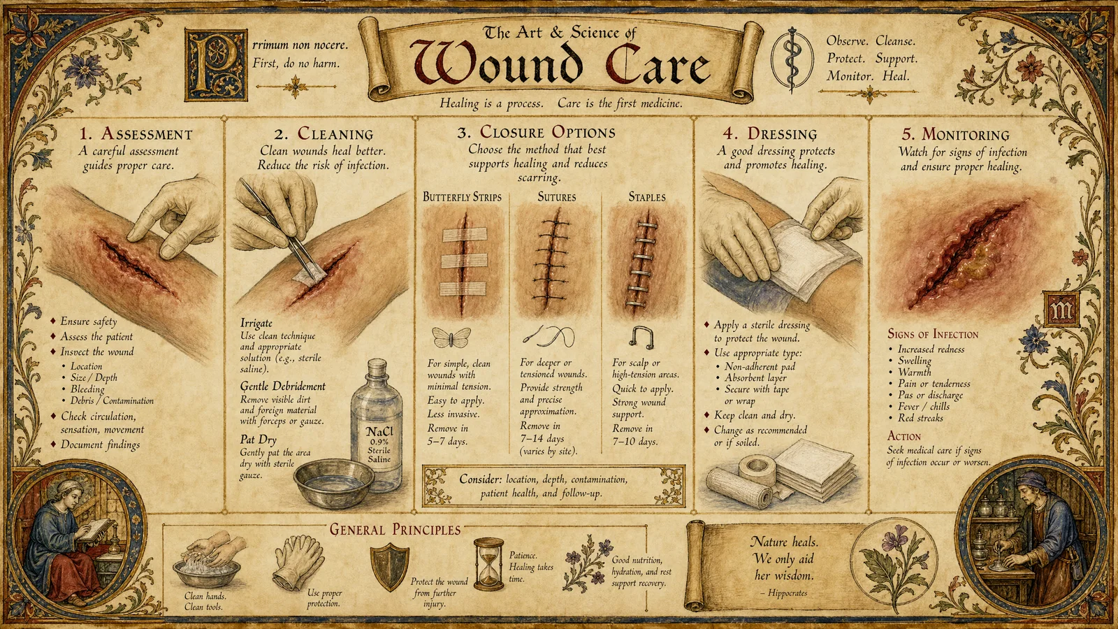 Wound care sequence: assessment, cleaning, closure options (