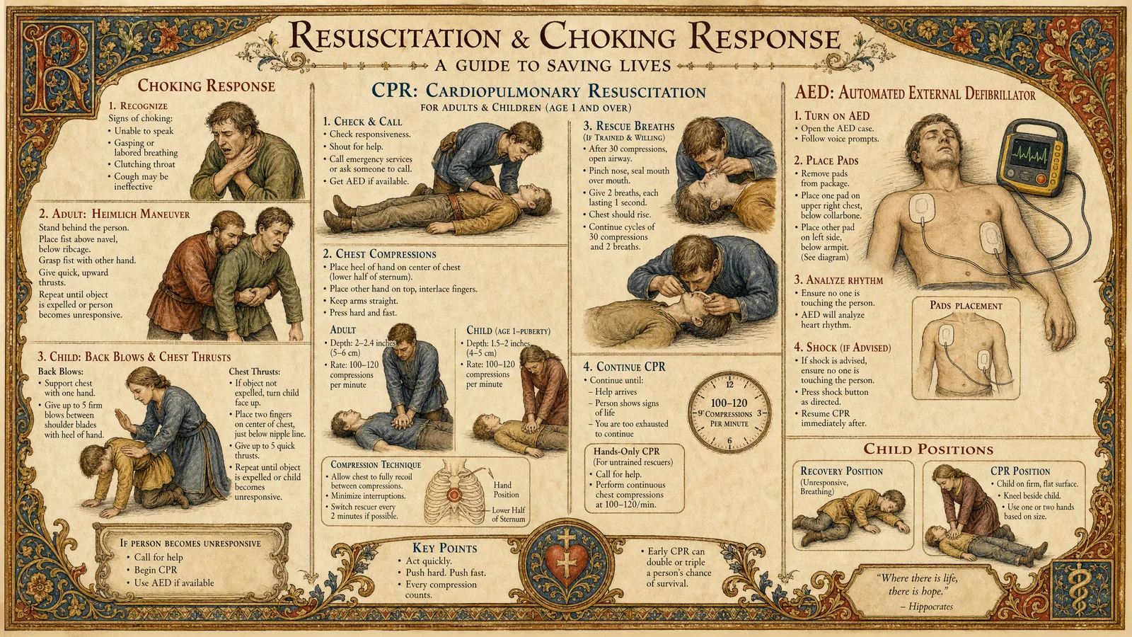 CPR and choking response: adult and child positions, compres