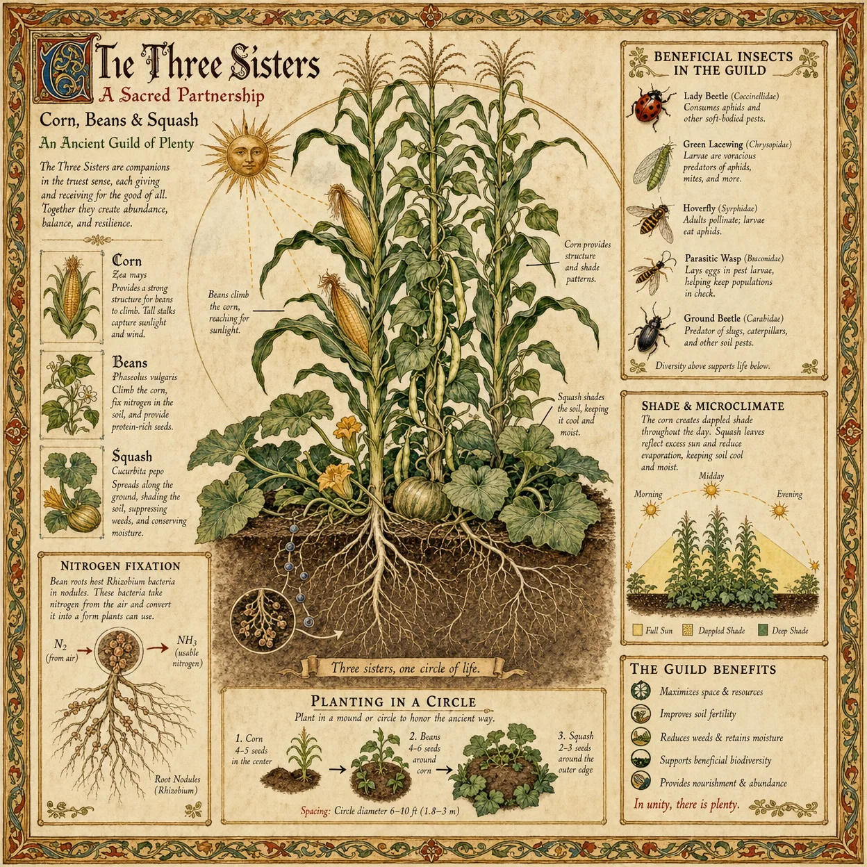 Companion planting guild diagram: Three Sisters (corn, beans