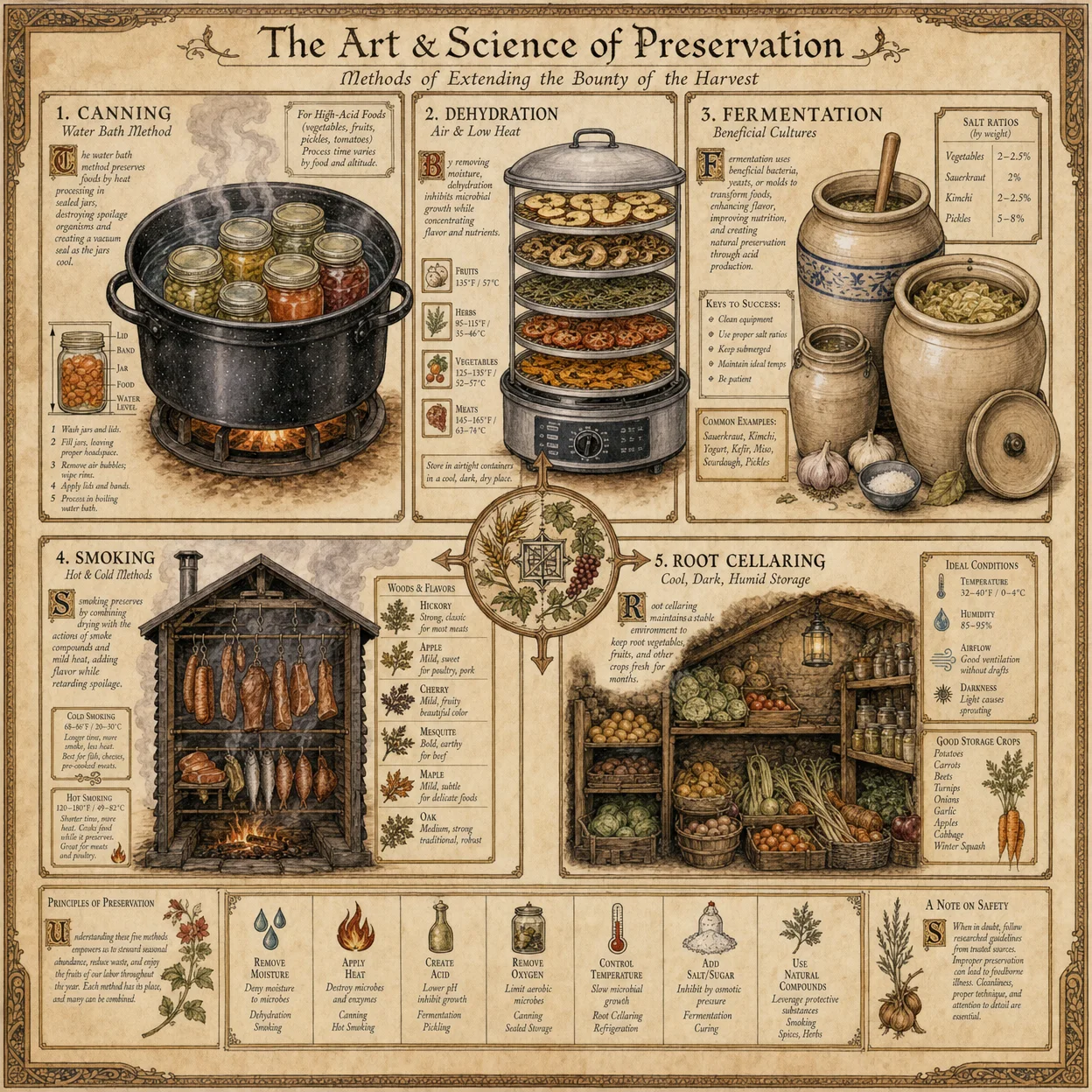Food preservation methods array: canning jars in water bath,