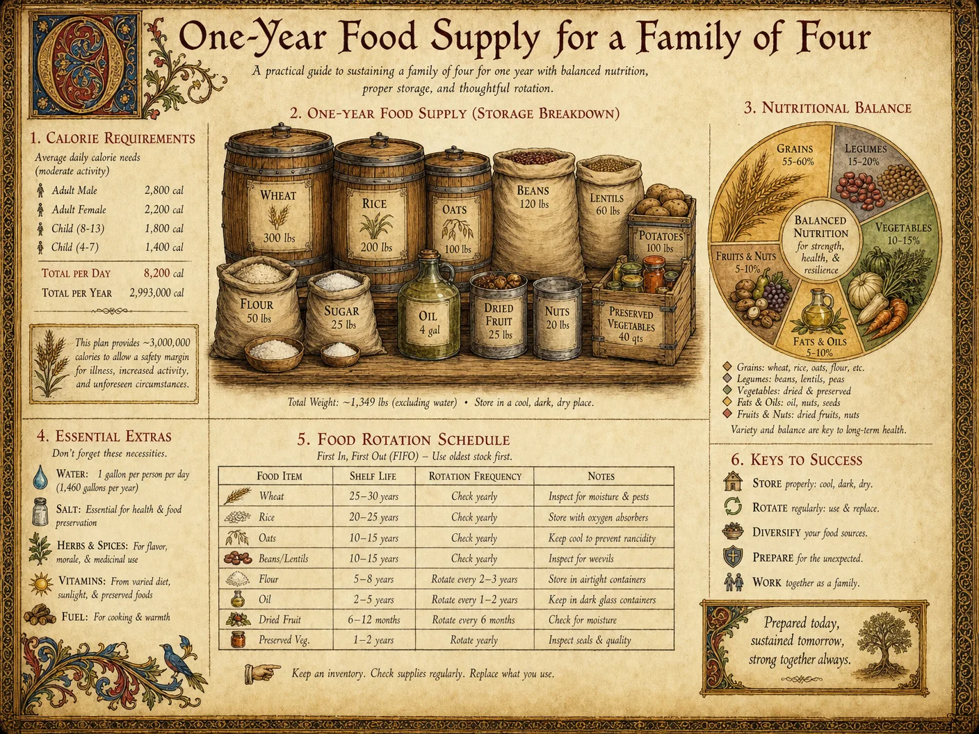 One-year food supply calculation: family of four needs visua
