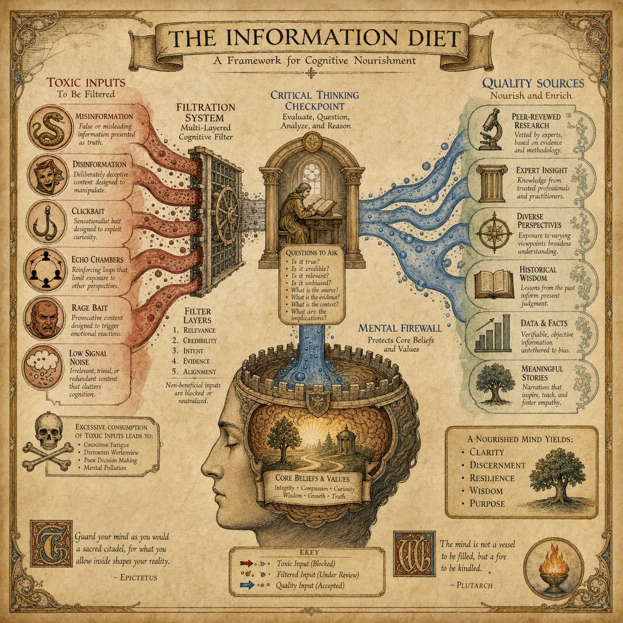Information diet diagram: toxic inputs being filtered out, q
