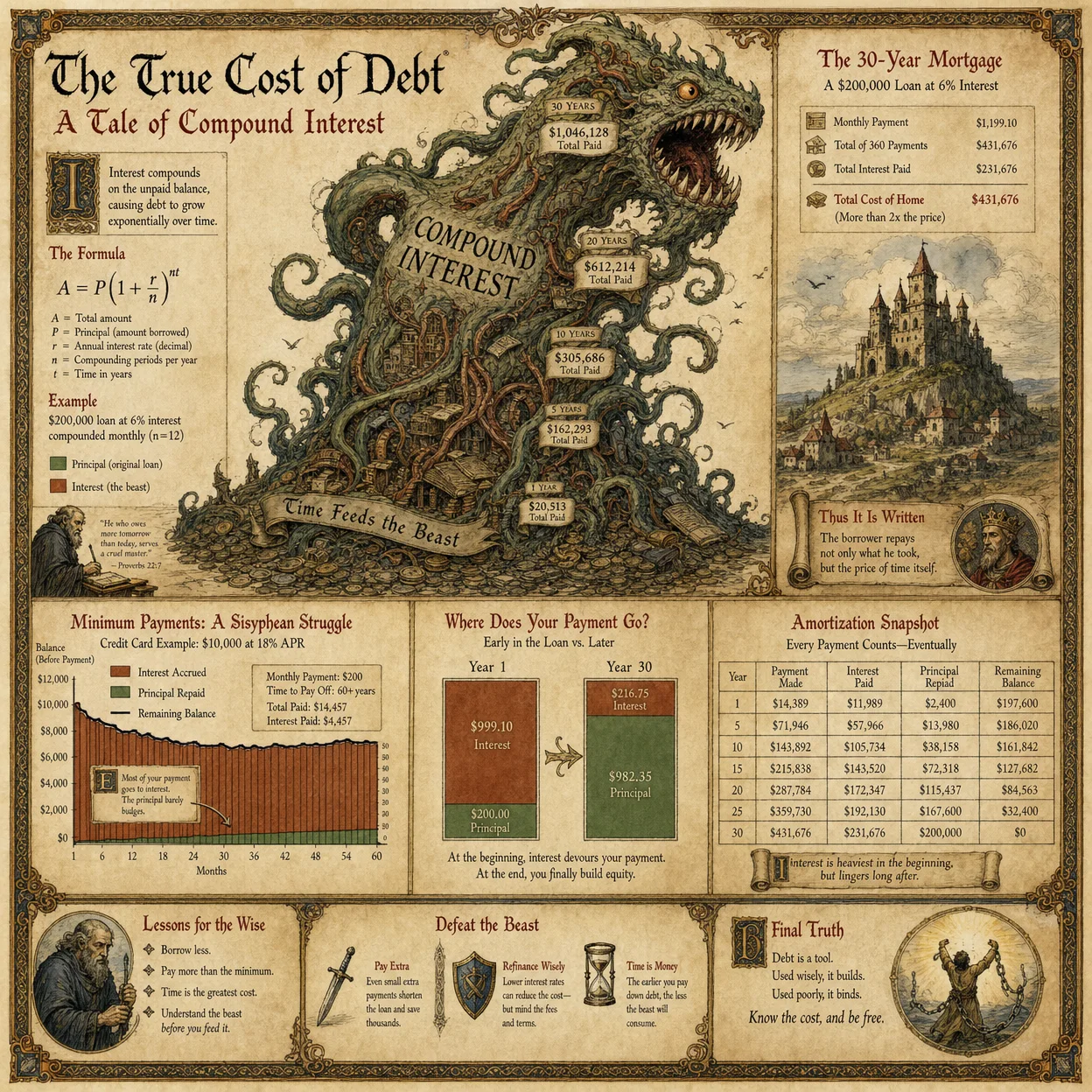 True cost of debt visualization: compound interest growing a