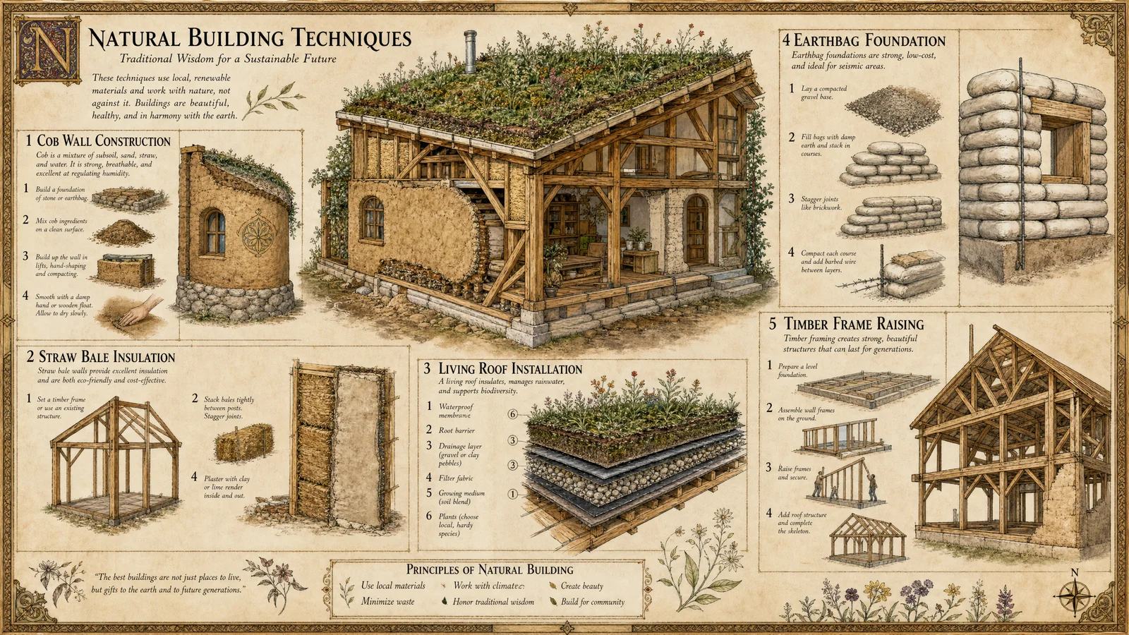 Natural building techniques: cob wall construction, straw ba