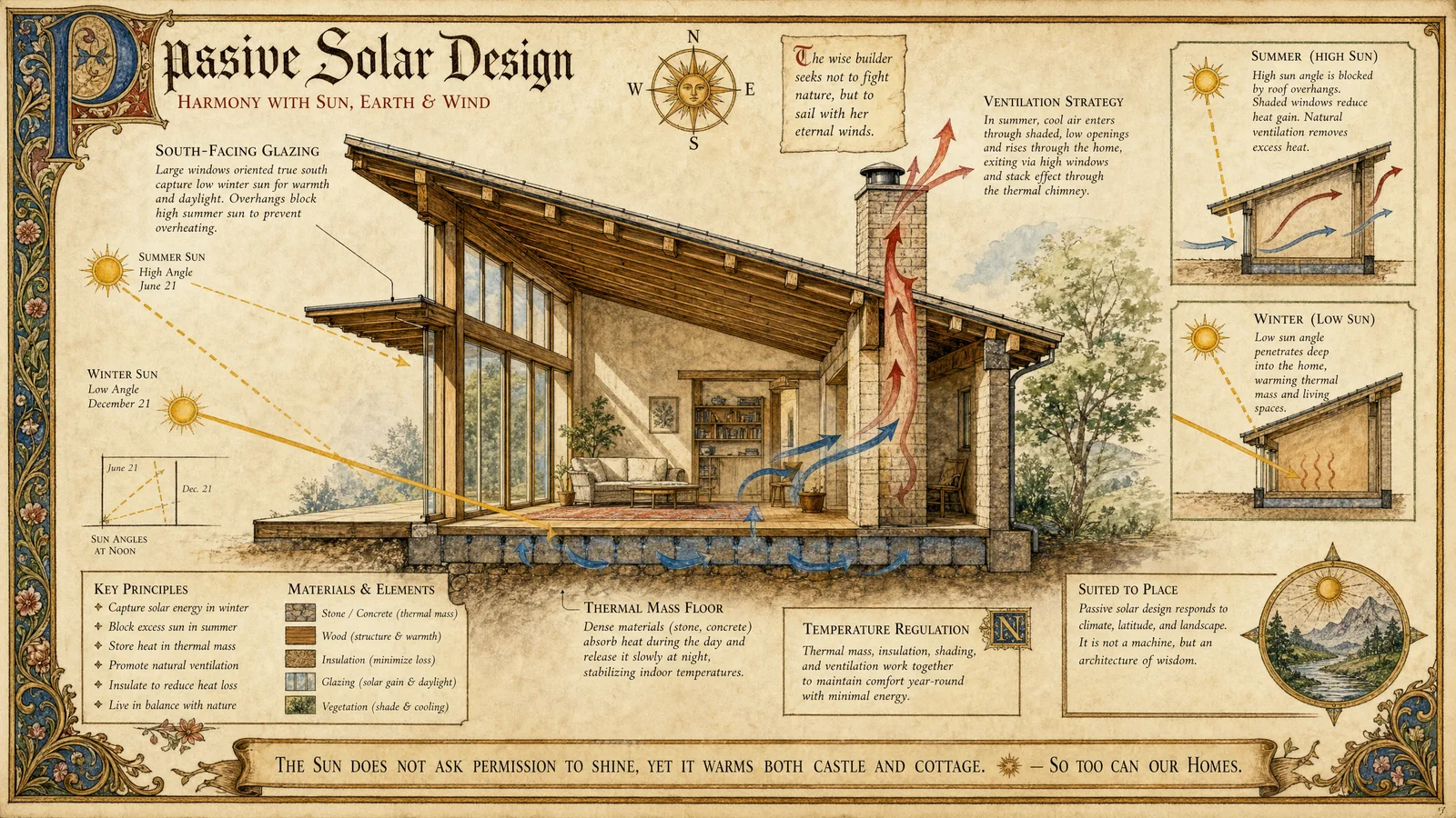 Passive solar design: south-facing glazing, thermal mass flo