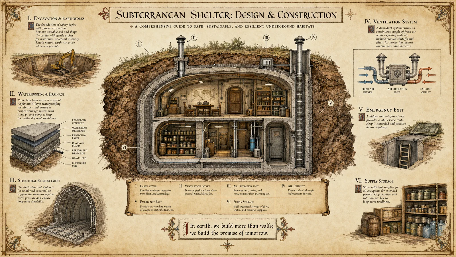 Underground shelter construction: excavation, waterproofing,