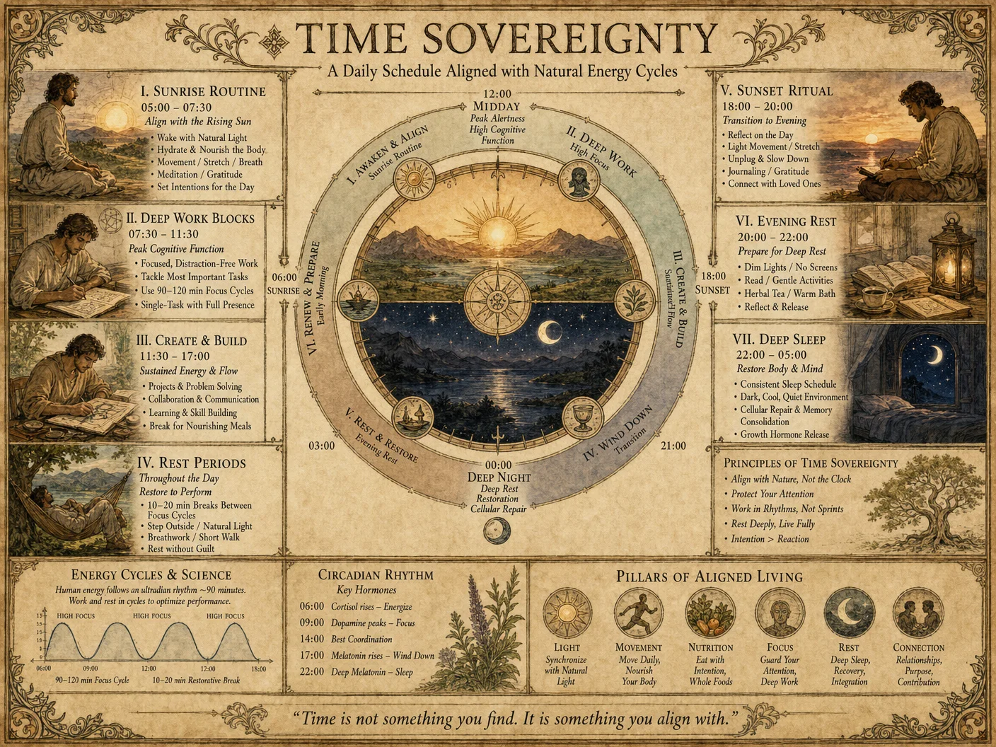 Time sovereignty daily schedule: sunrise routine, deep work 