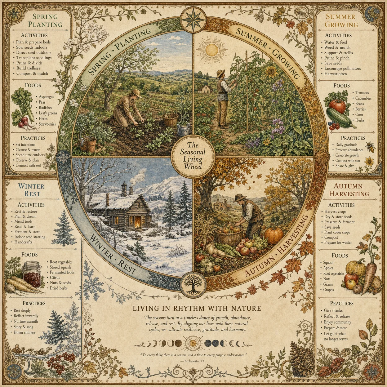 Seasonal living wheel: spring planting, summer growing, autu