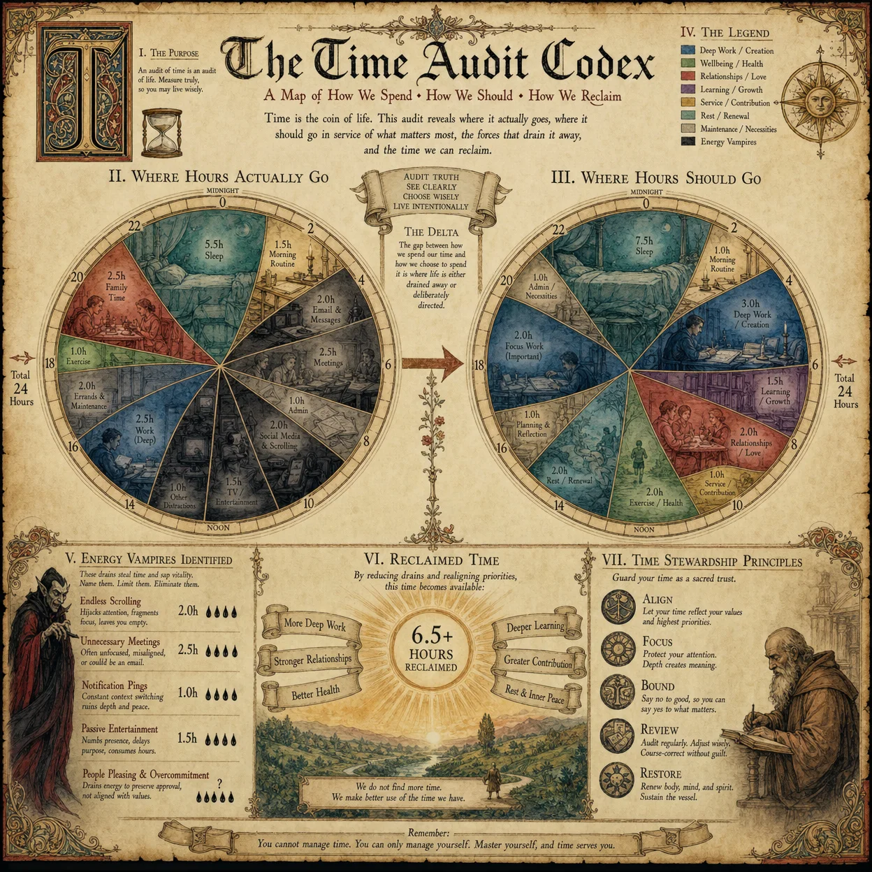 Time audit visualization: where hours actually go vs where t