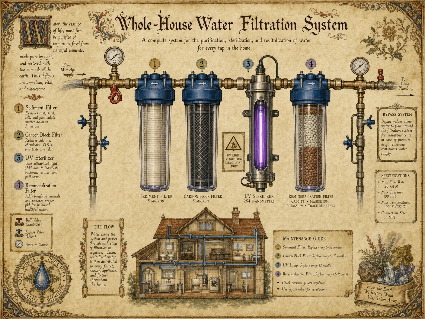 Whole-house water filtration system diagram: sediment filter