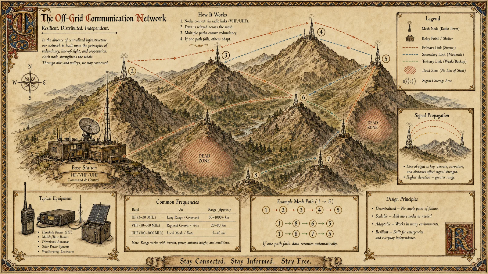 Off-grid communication network: mesh radio nodes on hilltops