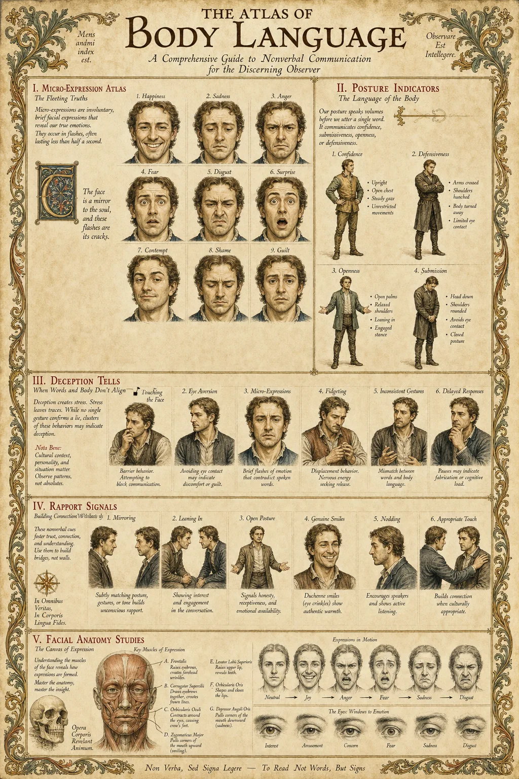 Body language reading guide: micro-expression atlas, posture