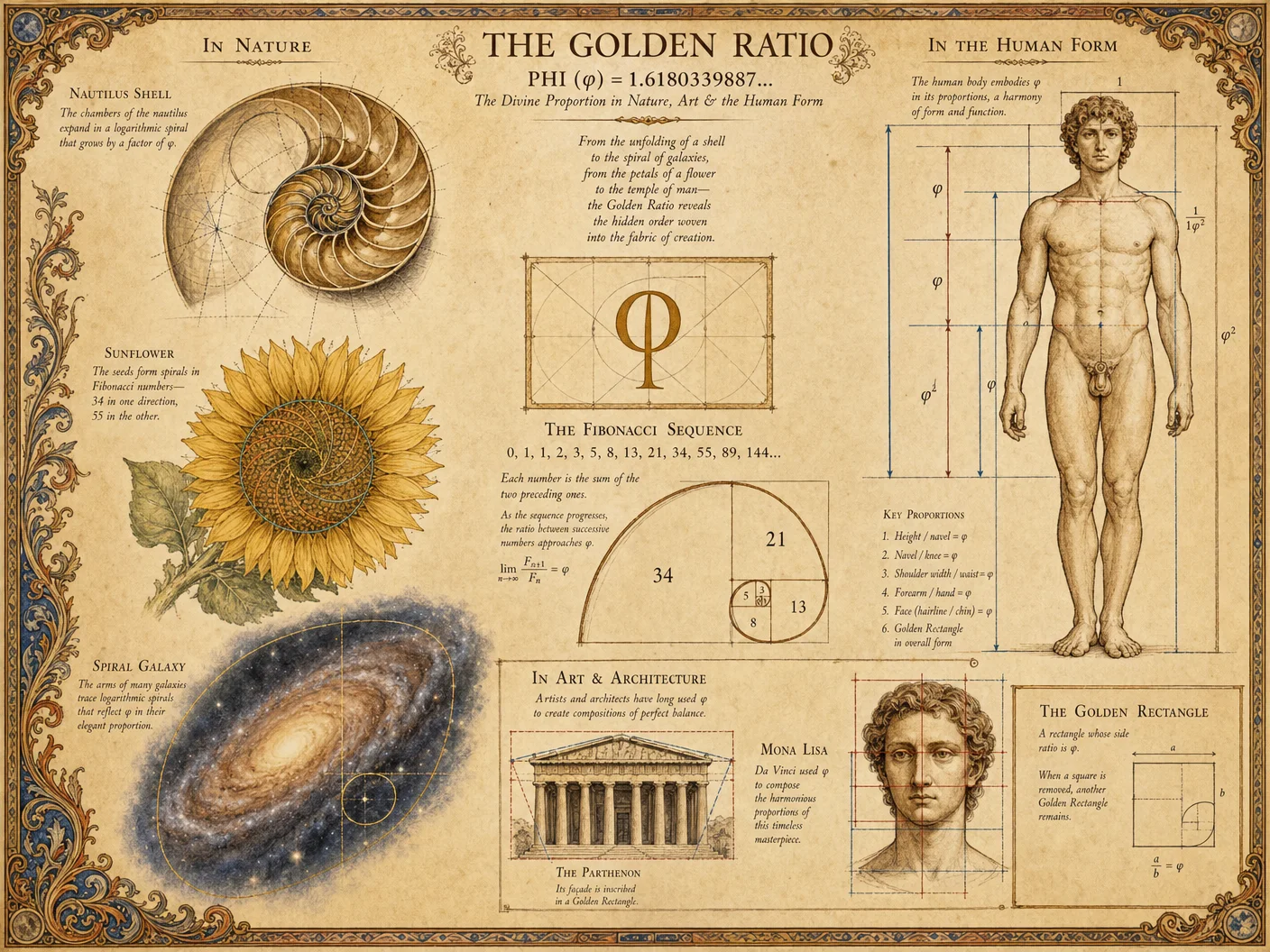 Sacred mathematics: golden ratio in nature (nautilus, sunflo