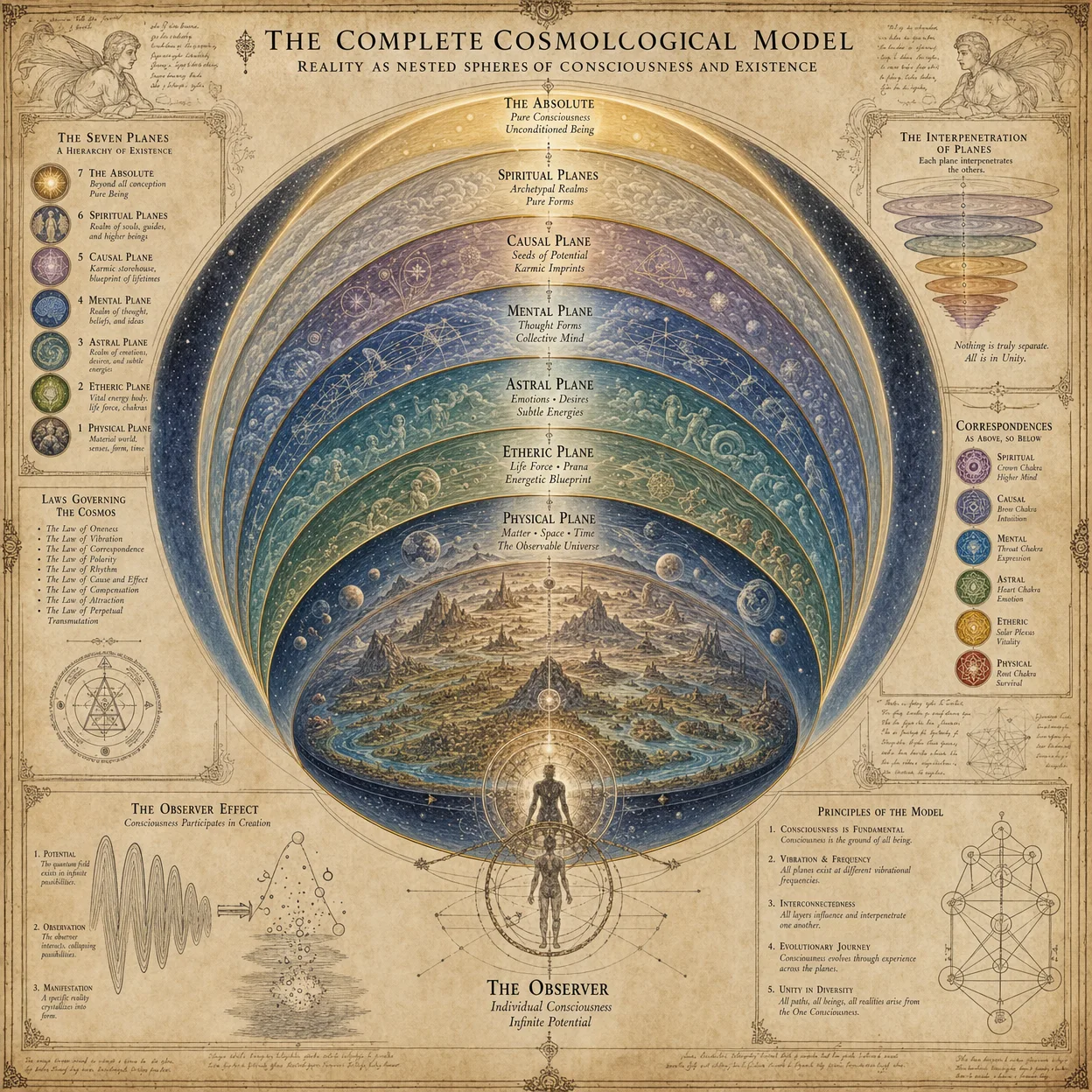 Complete cosmological model: nested spheres of reality, phys