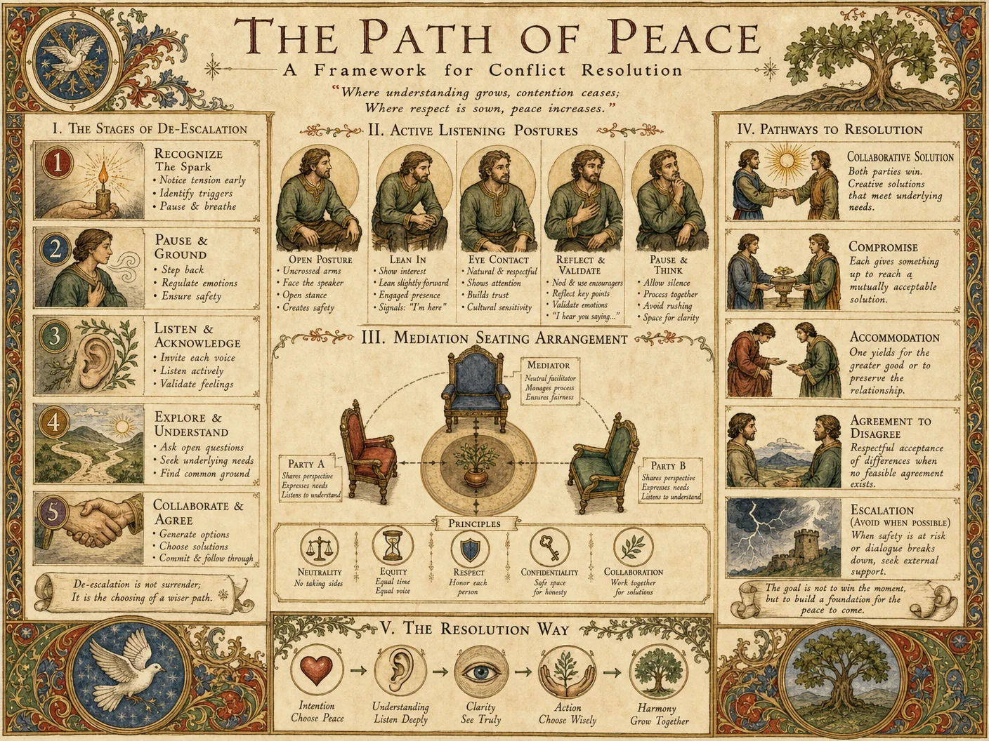 Conflict resolution framework: de-escalation stages illustra