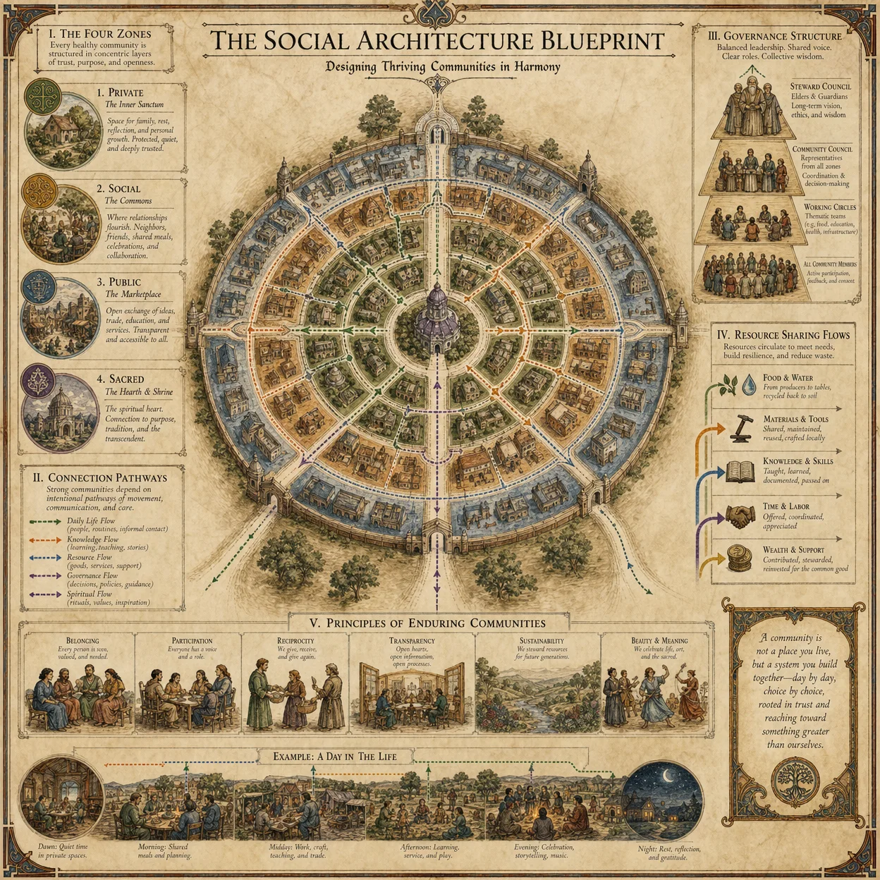 Social architecture blueprint: community zones (private, soc
