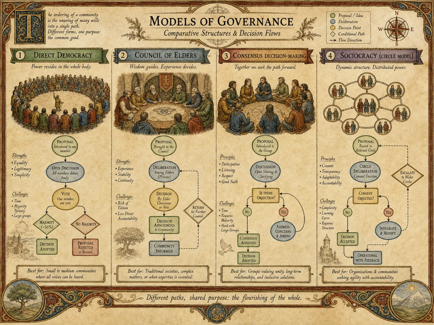 Governance models comparison: direct democracy, council of e