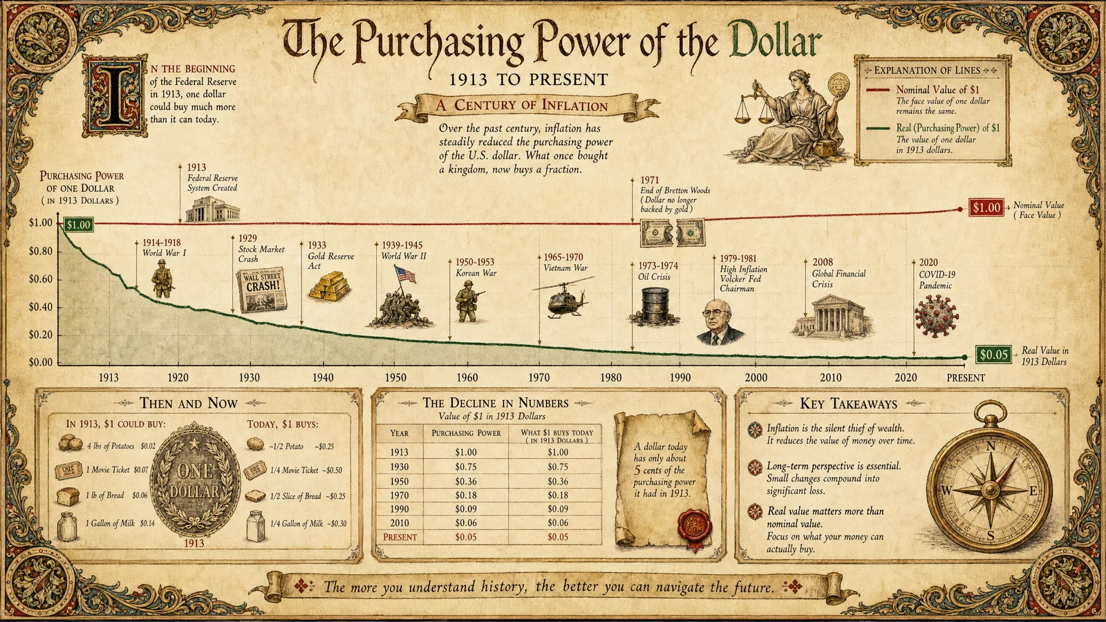Inflation timeline visualization: purchasing power of dollar