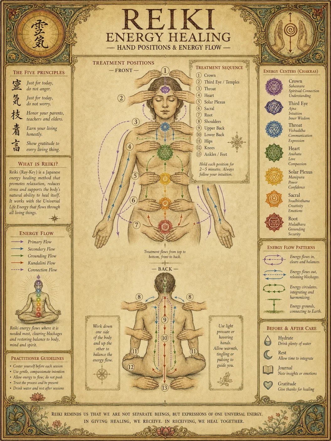Energy healing hand positions: Reiki-style placement diagram