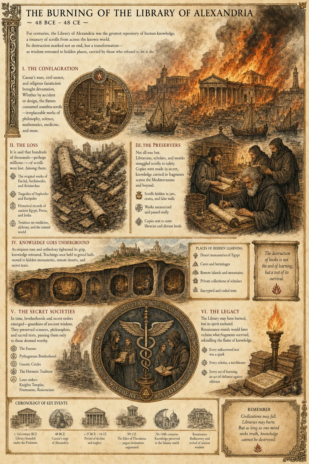 Library of Alexandria burning: scrolls of knowledge being de