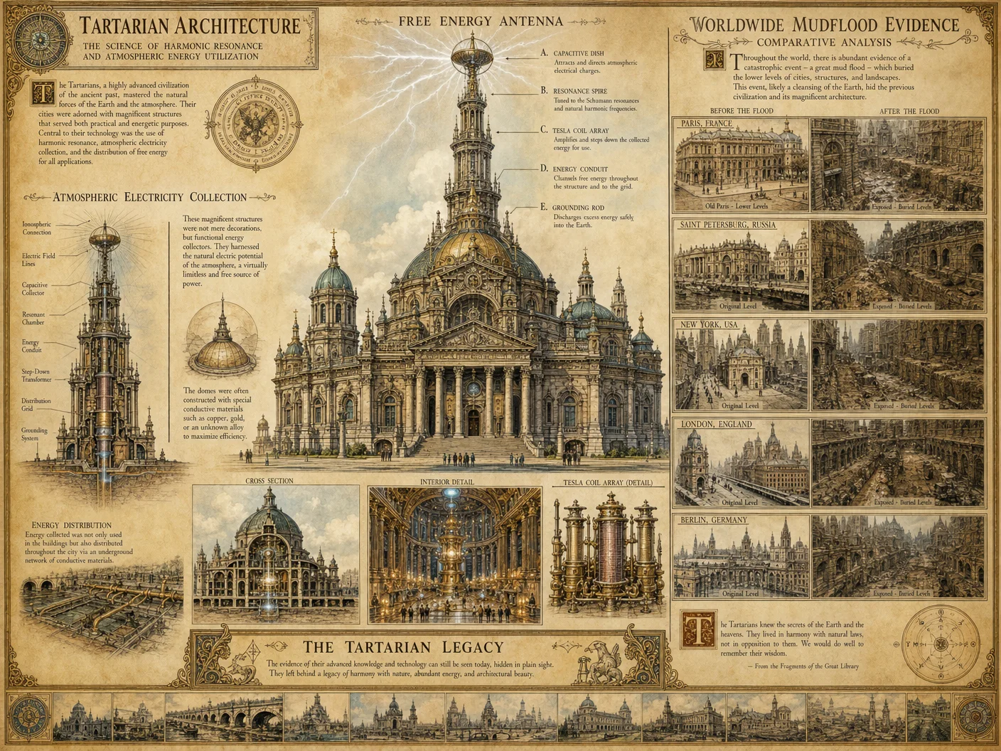 Tartarian architecture: ornate building with free energy ant
