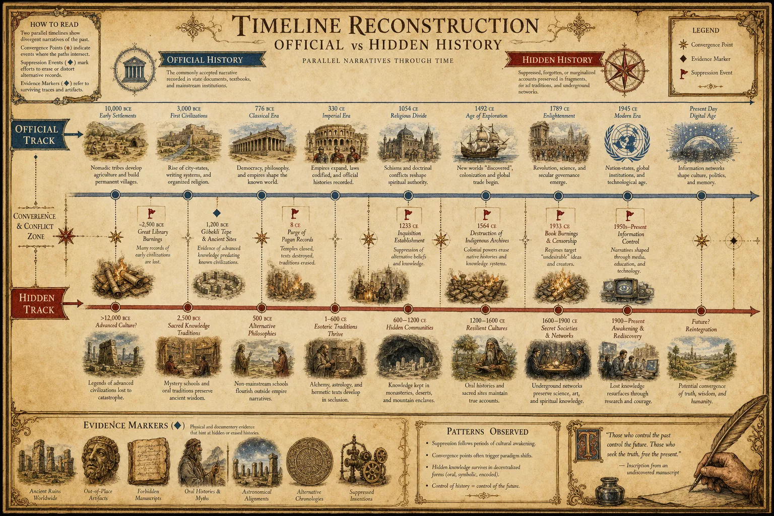 Timeline reconstruction: official vs hidden history as two p