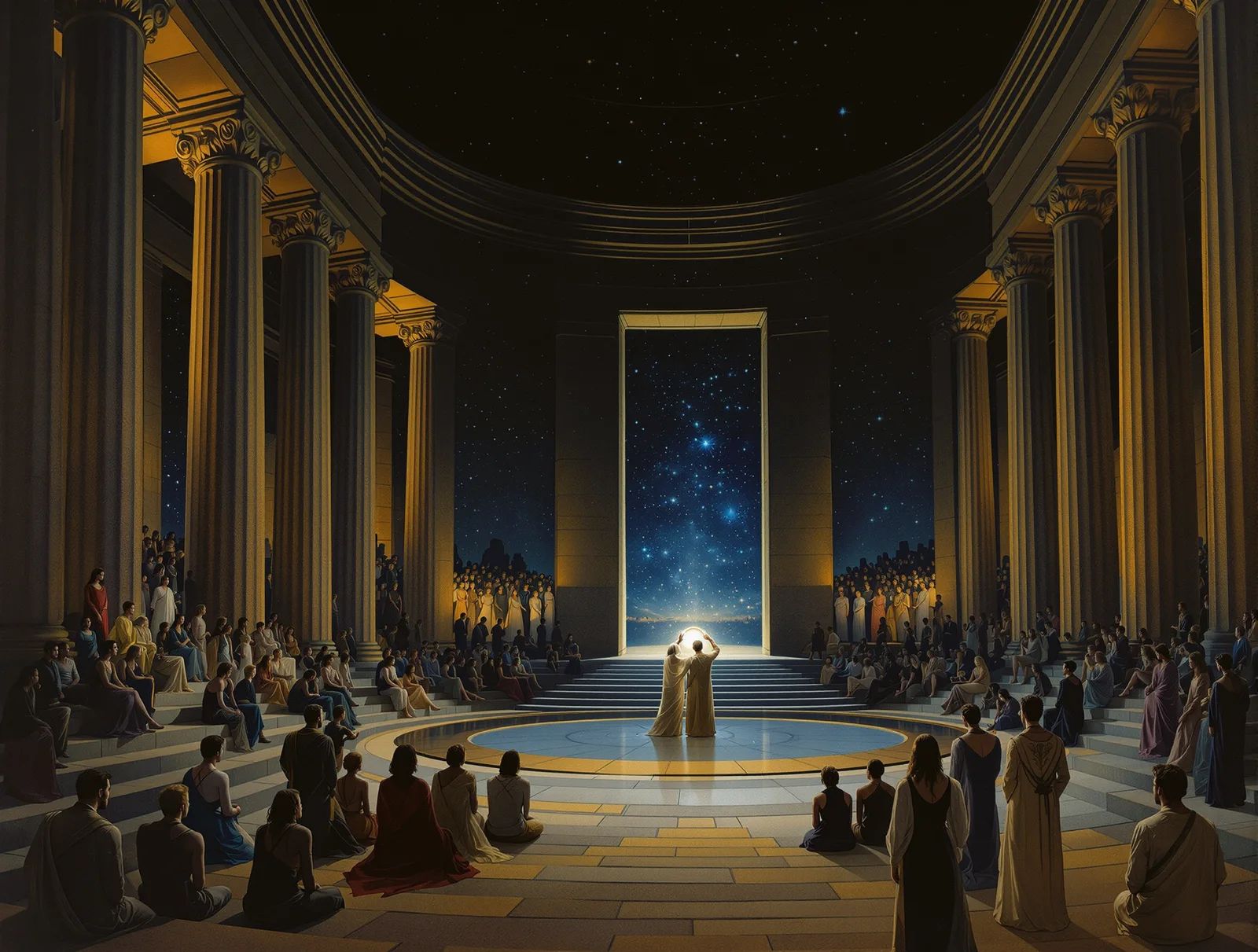The Telesterion night — the open door at the back of the hall