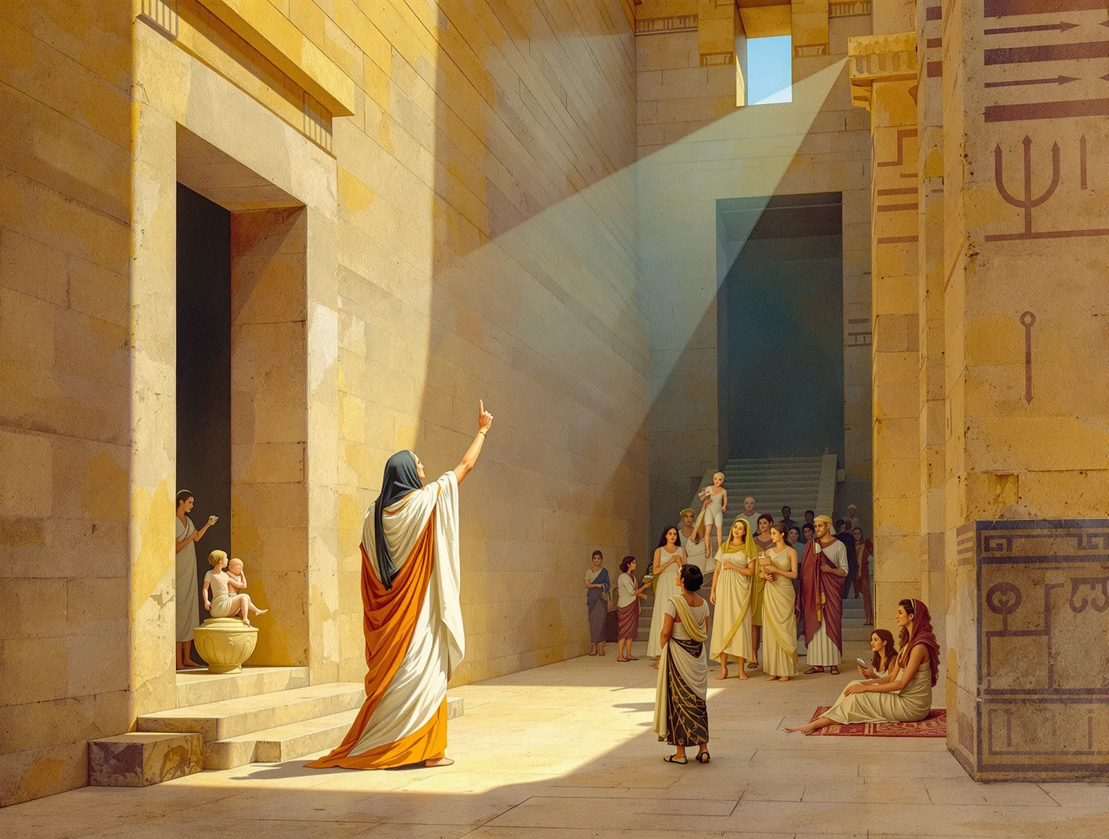 The consecrated woman blesses the newborn at the temple threshold