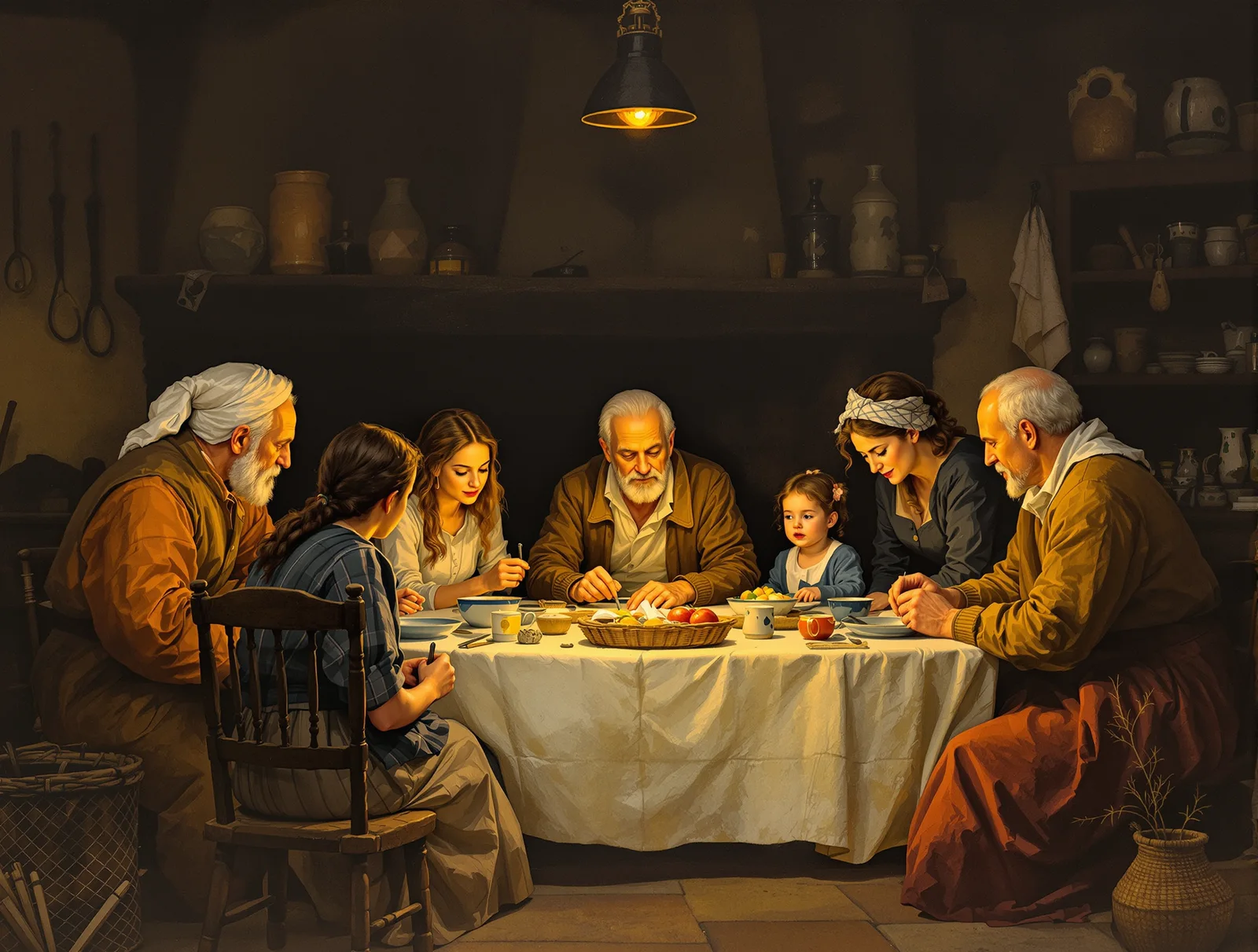 Three generations of the household at the evening meal