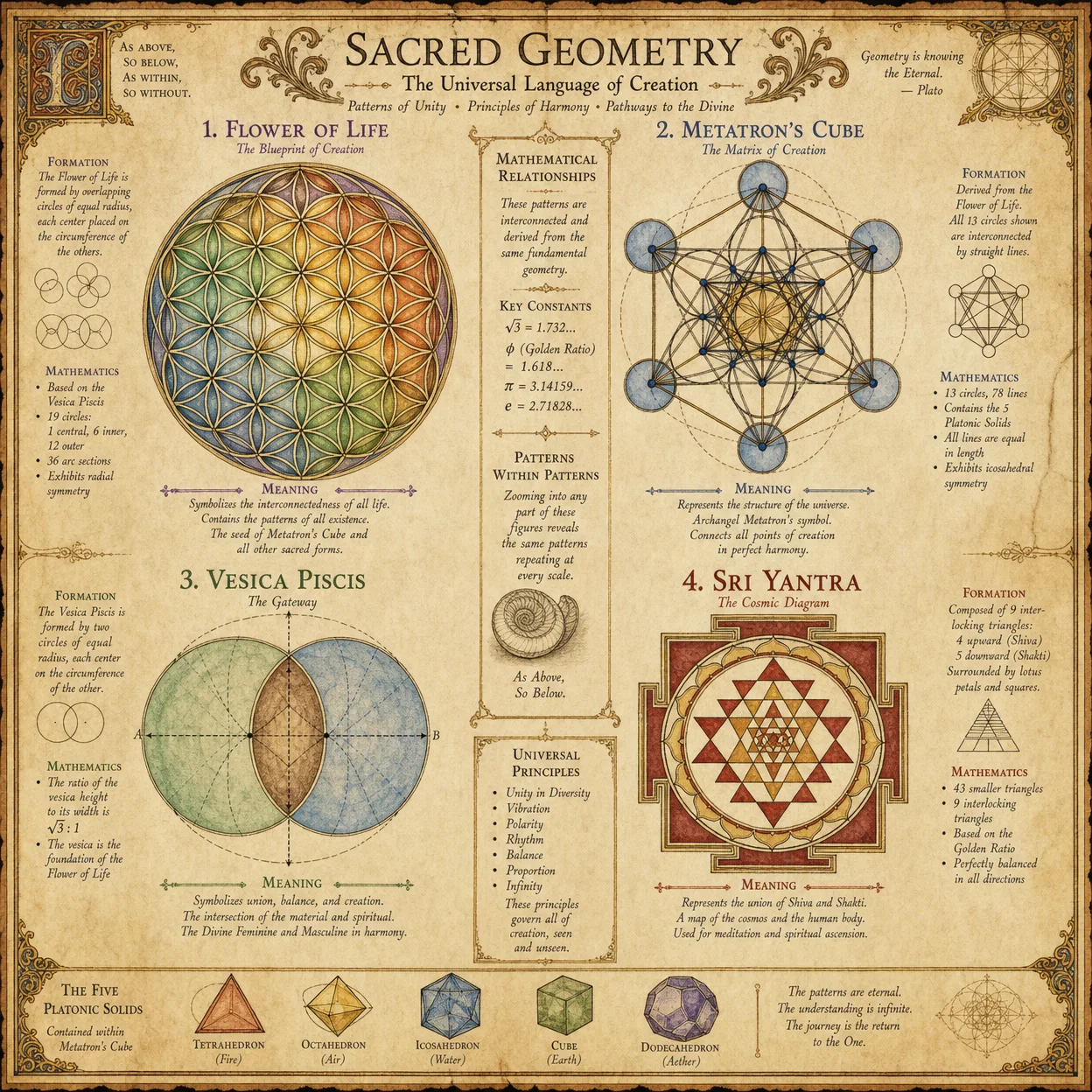 Sacred geometry patterns: Flower of Life, Metatron's Cube, S