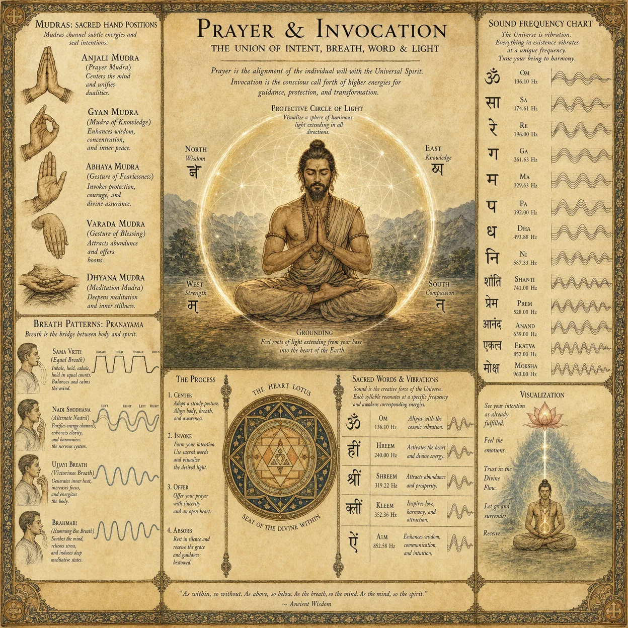 Prayer and invocation: hands in mudra positions, breath patt