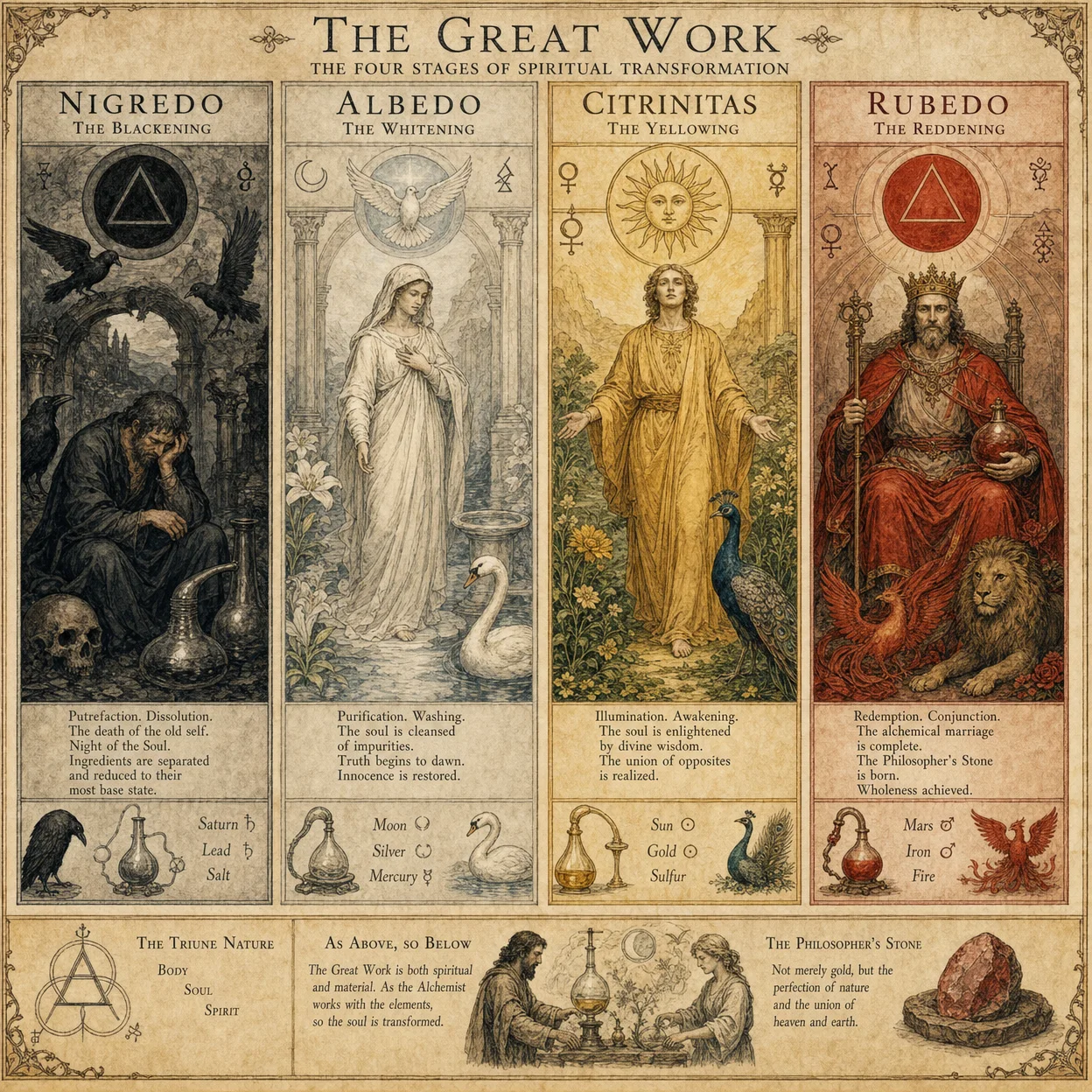 The Great Work stages: Nigredo (blackening), Albedo (whiteni