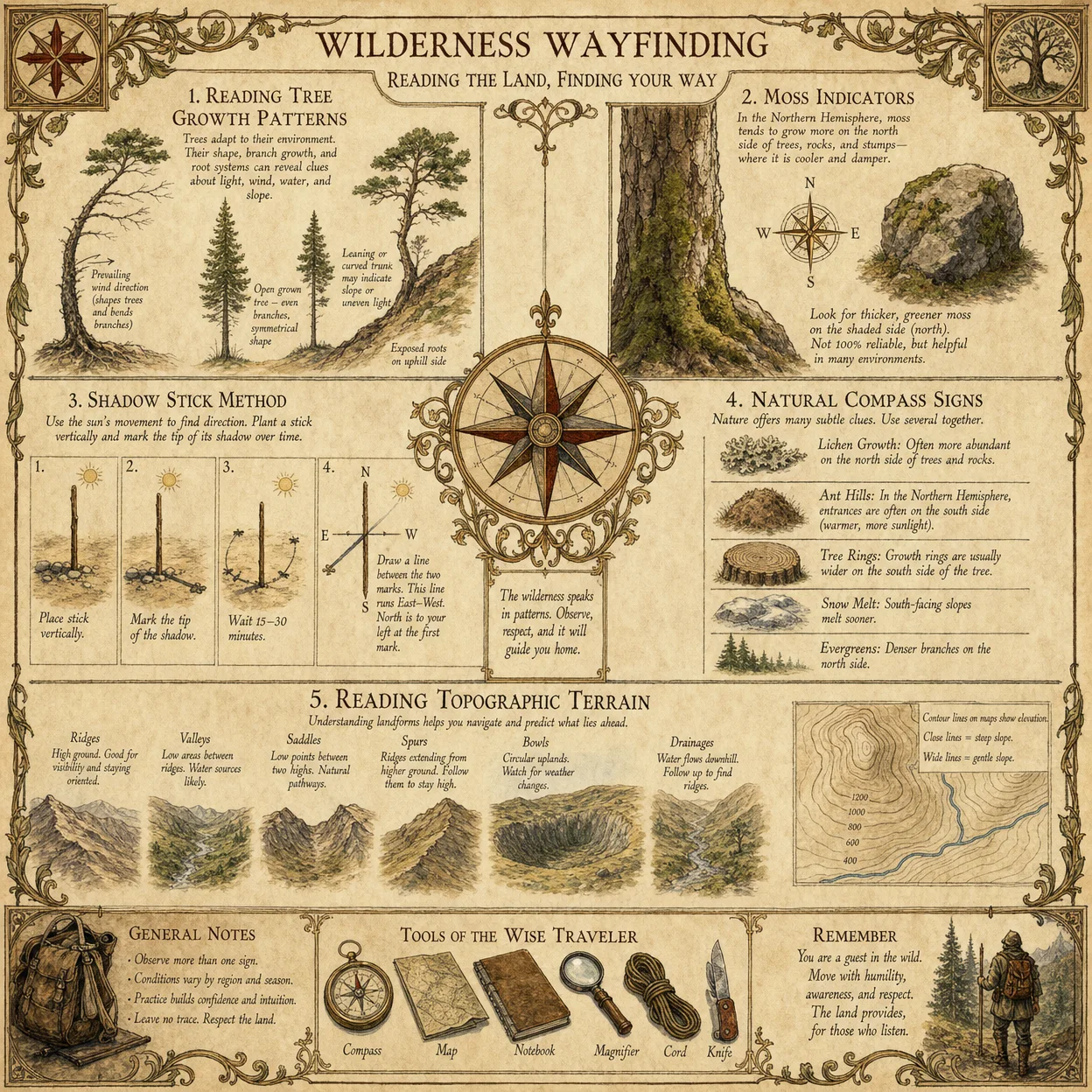 Wilderness wayfinding: reading tree growth patterns, moss in