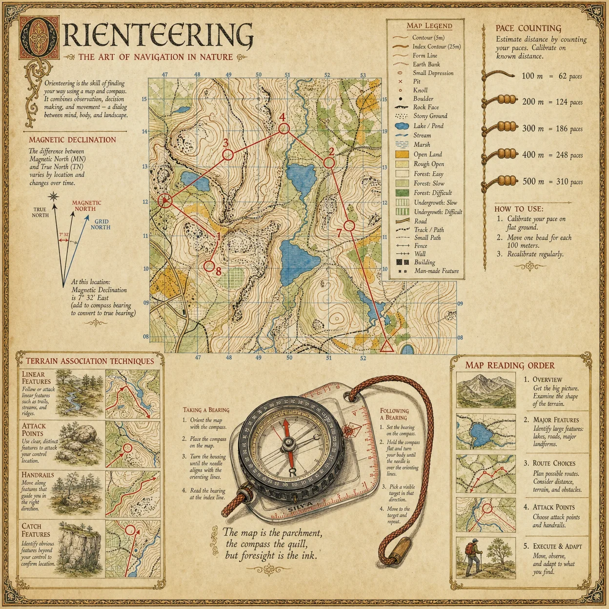 Complete orienteering map with contour lines, magnetic decli