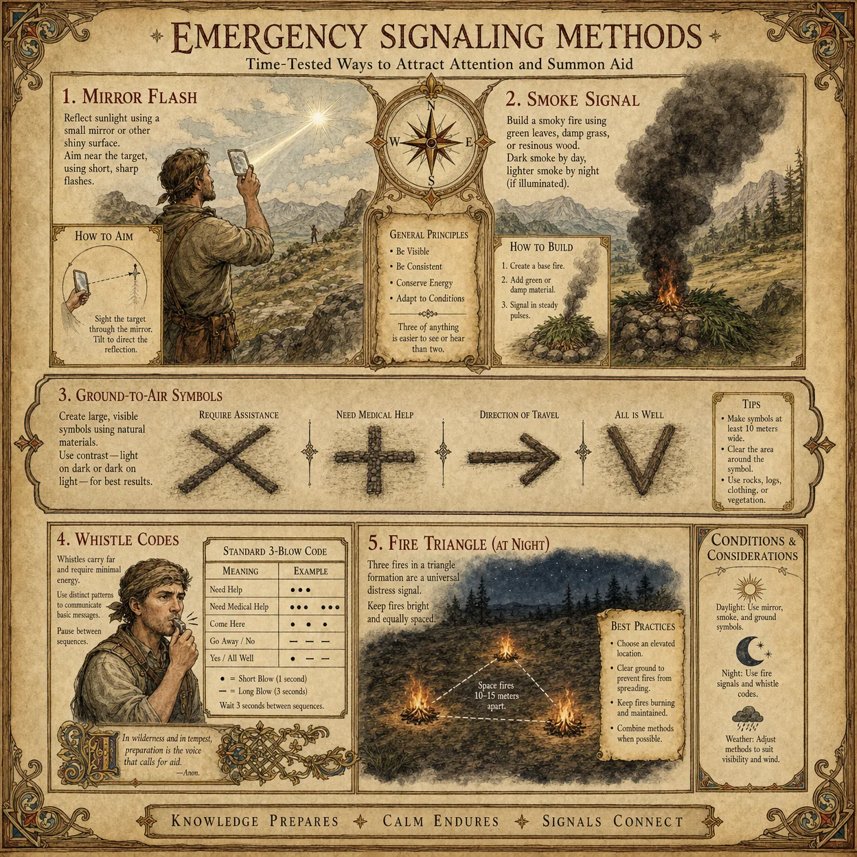 Emergency signaling methods: mirror flash, smoke signal, gro
