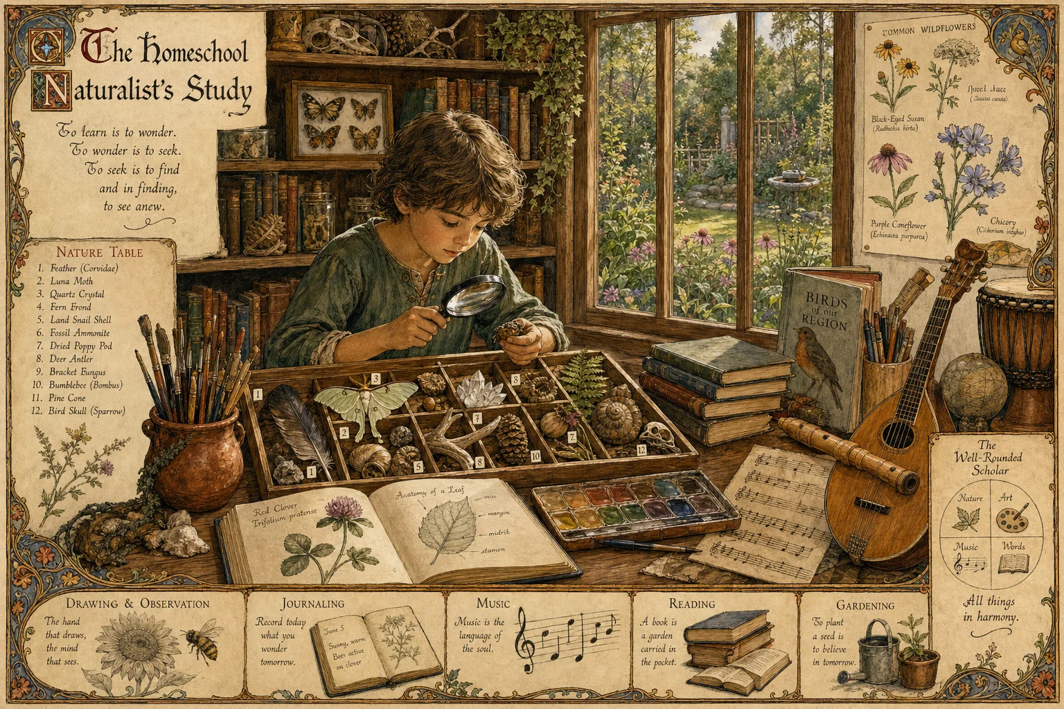 Homeschool learning environment: nature table with specimens