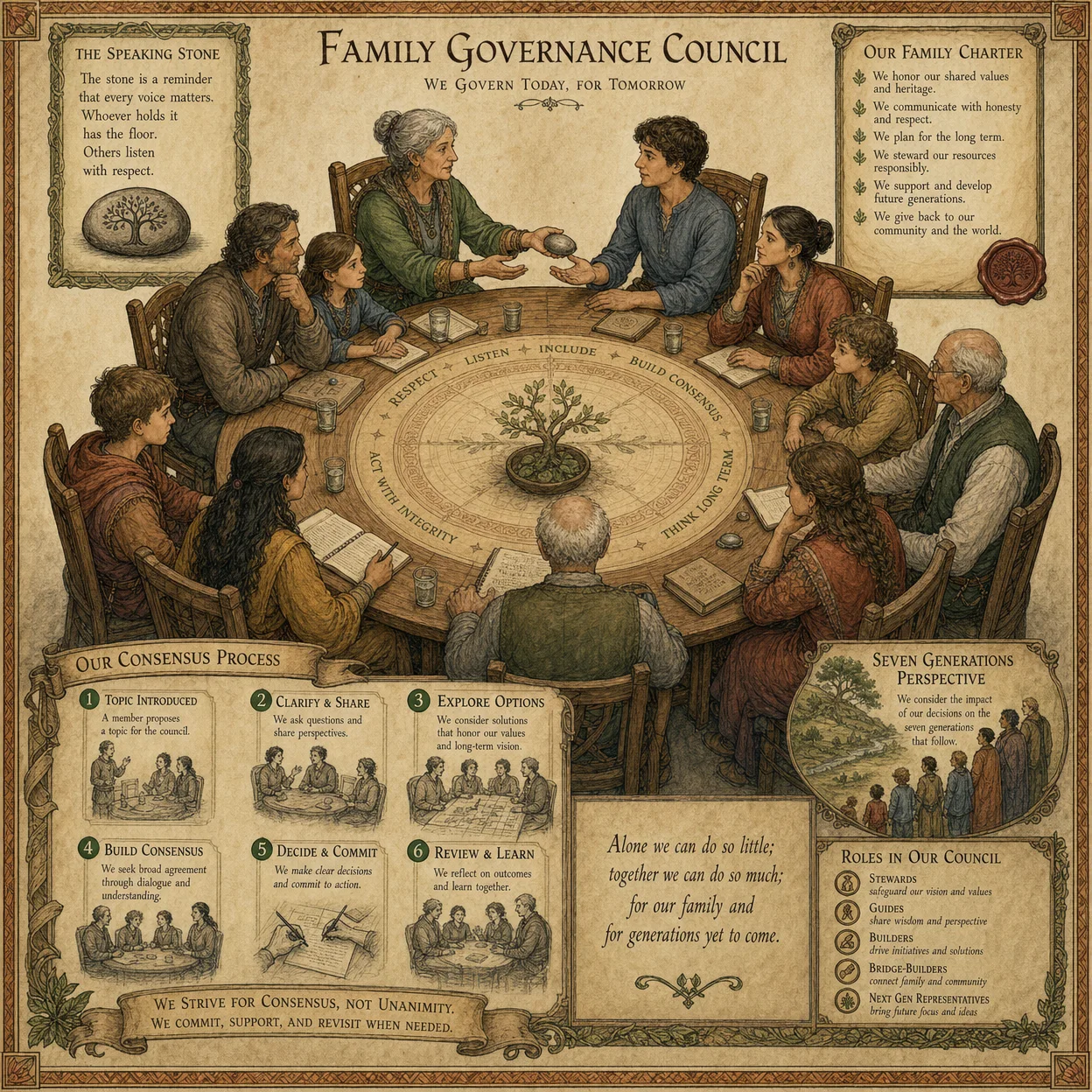 Family governance council: round table with all ages, speaki