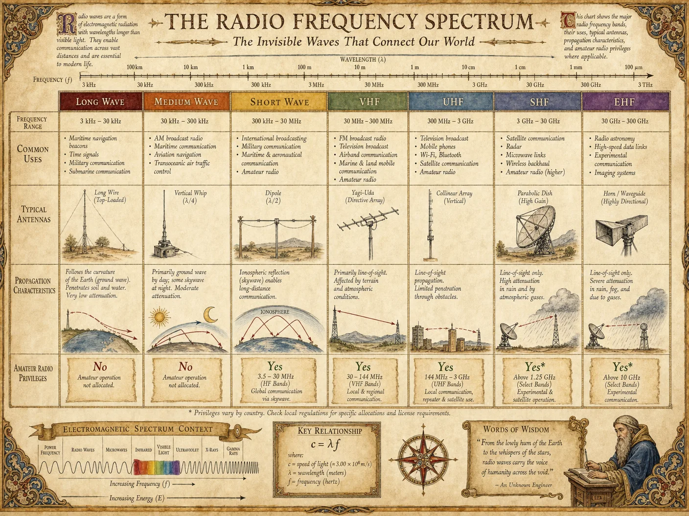 Radio frequency spectrum diagram: bands labeled with uses, a